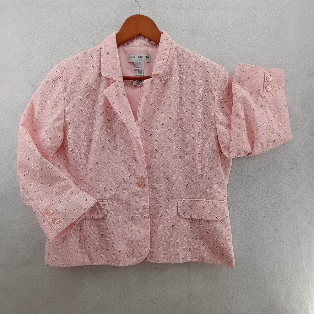 Sag Harbor Blazer Womens 12P Pink Eyelet Embroidered Double Button Career Jacket